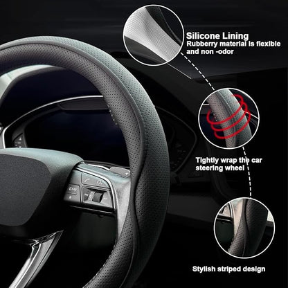 HAOTULE Leather Steering Wheel Cover， with Anti-Slip Stripe Design - Enhanced Grip, Fashion Style, Safe, Non-Slip, Breathable. Upgrade car Interior，Black
