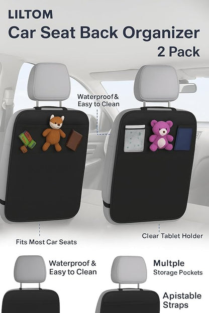 LILTOM Car Back Seat Protector with Organizer, 19"x27" XL Kick Mats, Waterproof, 3 Pockets, 2-Pack (Black - 3 Pocket)
