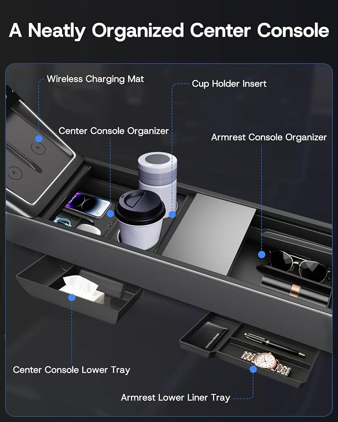 Center Console Organizer Tray for Tesla Model Y Juniper 2026 2025 (Premium & Performance), 8PCS - PC Material & Silent Silicone Armrest Storage Box Bottom Liners Wireless Charging Pad Cup Holder