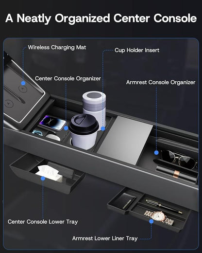 Center Console Organizer Tray for Tesla Model Y Juniper 2026 2025 (Premium & Performance), 8PCS - PC Material & Silent Silicone Armrest Storage Box Bottom Liners Wireless Charging Pad Cup Holder