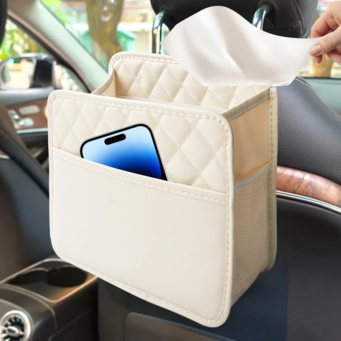 Mandark Car Seat Back Organizer, PU Leather Automotive Backseat Hanging Storage Pocket, Multipurpose Vehicle Travel Essentials Accessories for Kids & Adults, Universal for Most Cars (Beige)