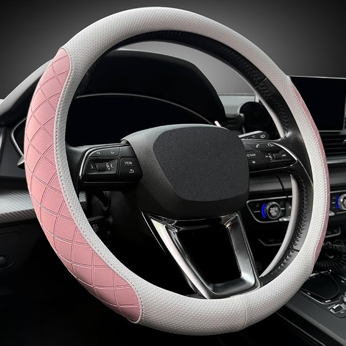 LKWLIKEI Nappa Leather Steering Wheel Cover,Elegant Diamond Checkered Design, Non-Slip wear-Resistant, Enhance Driving Comfort, Suitable for Steering Wheel Diameter 14 1/2‘-15’ Models.White and Pink