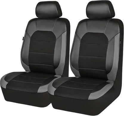 CAR PASS Leather Car Seat Covers Front Seats only, with Air Mesh Front Seat Covers Breathable, Cool Automotive Seat Covers 2 Pack, Universal Fit Most Cars,SUV,Truck,Van Airbag Compatible(Black Gray)