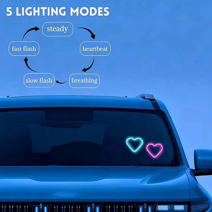 Romantic Heart-Shaped Car LED Ambient Light - Solar & Type-C Powered, 5 Lighting Modes, Universal Fit, for Women (Ice Blue)