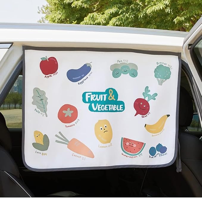 Magnetic Car Sun Shade Curtain for Side Window – Sun Blocker and UV Protector for Baby, Kids, and Pets – Universal Fit with Built-in Magnets for Steel-Framed Door (Vegetable Friends)