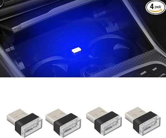 4PCS USB LED Car Interior Atmosphere Lamp, Plug-in USB Decor Night Light, Portable Auto Ambient Lighting Kit, Universal Car Interior Accessories LED Night Light for Most Cars (Blue)