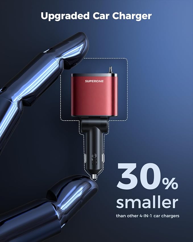 [Upgraded] 4 in 1 Retractable Car Charger, SUPERONE Smaller Fast Car Phone Charger 69W with Cord, USB C and iPhone Car Charger Adapter, Compatible iPhone 17/17 Pro Max/16/15/14/13/12/11, Sumsung