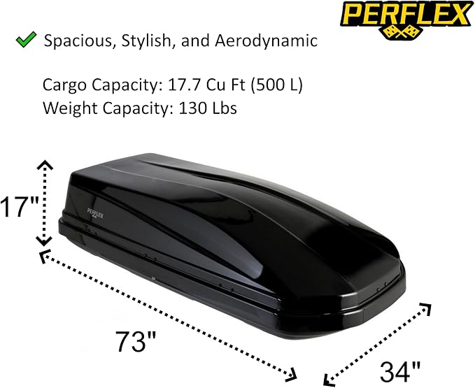 Perflex Exclusive Rooftop Cargo Box Carrier Large 17.7 Cubic Feet Car Top Mount Travel Luggage Storage, Dual Side Opening, 130 Lbs Weight Capacity, Extra Keys, Straps (Black)