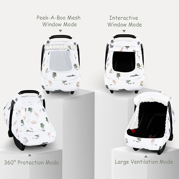 Winter Car Seat Cover Baby with Sunshade & Dual Zipper Windows - Minky Bubble Lined Windproof Soft Shell, Warm Newborn Car Seat Canopy Covers, Elastic Bottom for Stroller & Infant Car Seat, Animal