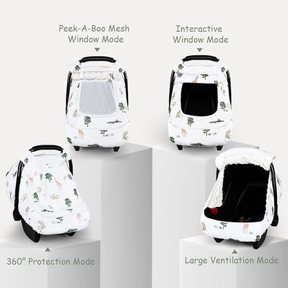 Winter Car Seat Cover Baby with Sunshade & Dual Zipper Windows - Minky Bubble Lined Windproof Soft Shell, Warm Newborn Car Seat Canopy Covers, Elastic Bottom for Stroller & Infant Car Seat, Animal