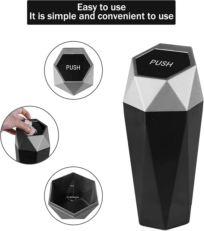 JUSTTOP Car Trash Can with Lid, Easy to Clean, Diamond Design Small Automatic Portable Trash Can, Used in Car Home Office Interior Accessories, 2PCS(Silver)