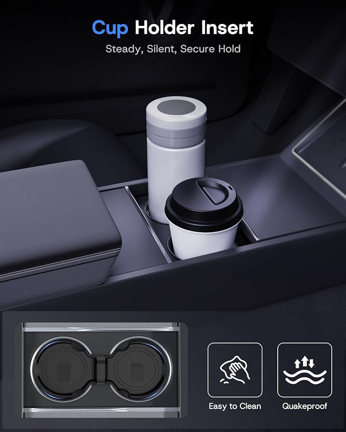 Center Console Organizer Tray for Tesla Model Y Juniper 2025 2026 (Premium & Performance) & Model 3 Highland, PC Material & Silent Silicone Armrest Storage Box Wireless Charging Pad Cup Holder