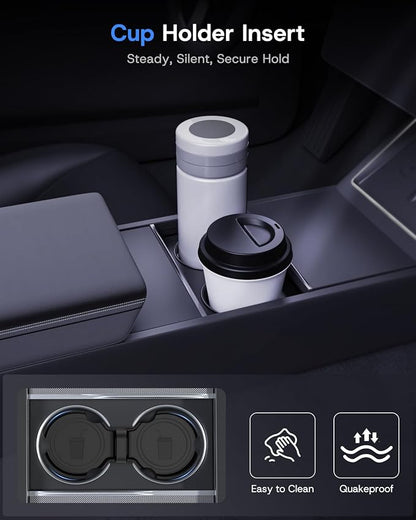 Center Console Organizer Tray for Tesla Model Y Juniper 2025 2026 (Premium & Performance) & Model 3 Highland, PC Material & Silent Silicone Armrest Storage Box Wireless Charging Pad Cup Holder