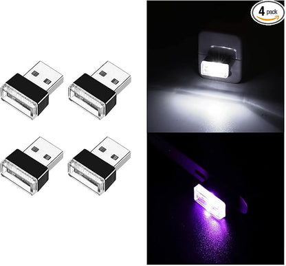 Ziciner 4 PCS USB LED Car Interior Atmosphere Lamp, Portable Mini LED Night Light, Plug-in USB Interface Trunk Ambient Lighting Kit, Universal Interior Accessories for Most Vehicles (White, Purple)