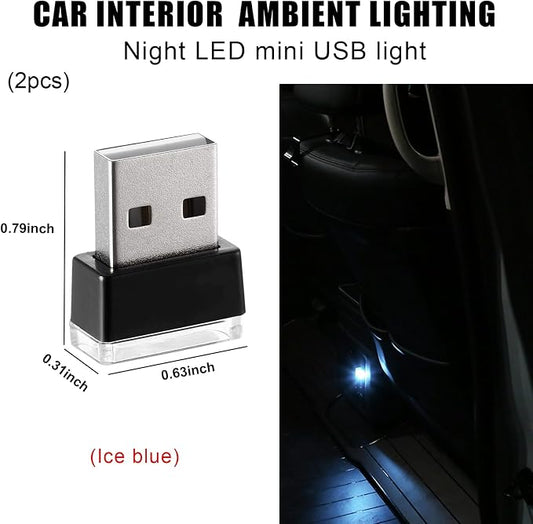2 PCS USB LED Car Interior Atmosphere Lamp, Portable Mini LED Night Light, Plug-in USB Interface Trunk Ambient Lighting Kit, Universal Interior Car Accessories (Ice Blue)
