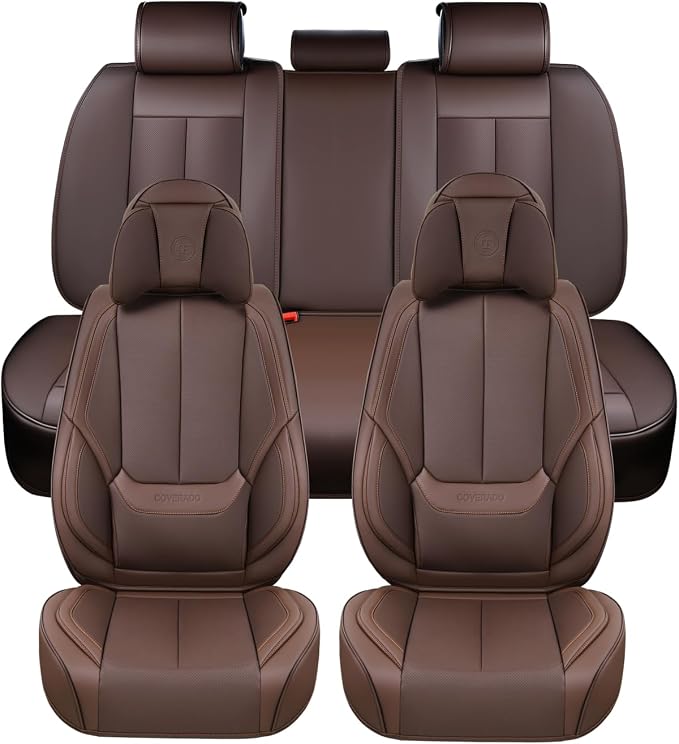 Coverado Front and Back Seat Covers 5 Pieces, Waterproof Nappa Leather Auto Seat Protectors Full Set with Head Pillow, Universal Car Accessories Fit for Most Sedans SUV Pick-up Truck, Brown