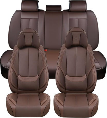 Coverado Front and Back Seat Covers 5 Pieces, Waterproof Nappa Leather Auto Seat Protectors Full Set with Head Pillow, Universal Car Accessories Fit for Most Sedans SUV Pick-up Truck, Brown