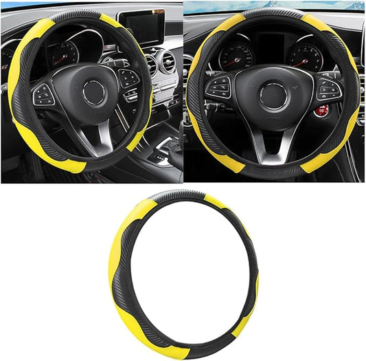 Osilly Car Steering Wheel Cover, 15 inch Carbon Fiber Microfiber PU Leather Elastic Steering Wheel Protector for Men Women, Anti-Slip Breathable Car Interior Accessories for Most Cars (Yellow)