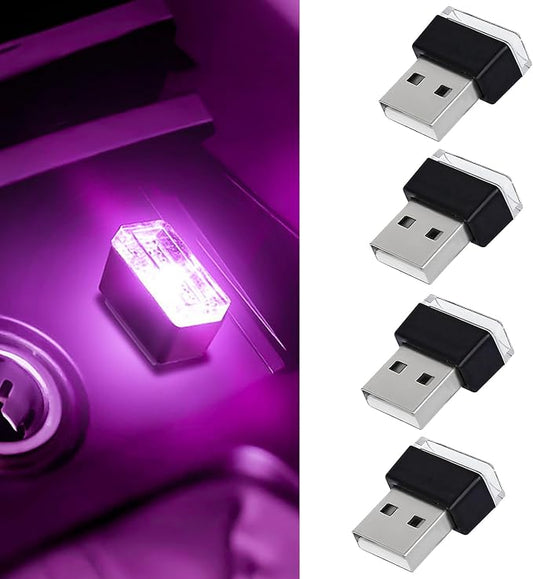4 PCS USB LED Car Interior Atmosphere Lamp, Portable Mini Auto LED Decor Night Light, Plug-in USB Interface Ambient Lighting Kit, Universal Car Interior Accessories(Purple)
