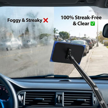 Car Windshield Cleaner Tool with Extendable Handle, Inside Auto Window Glass Cleaning Kit with 5 Washable Microfiber Pads, Streak-Free Defogger Wand for Deep Dashboards & SUVs