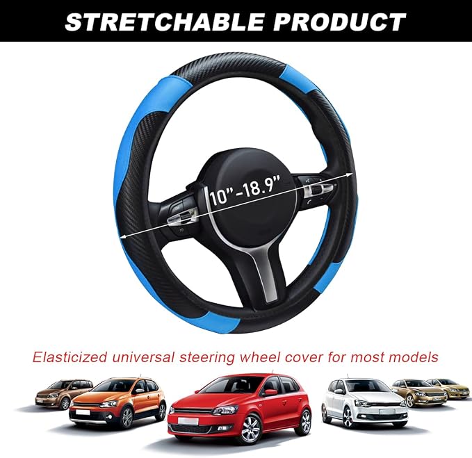 DXNQ Car Steering Wheel Cover, 15 Inch Carbon Fiber Leather Stitching Color Steering Wheel Protector, Anti-Slip Elastic Breathable Steering Wheel Cover Stylish Decor for Most Cars (Black&Blue)