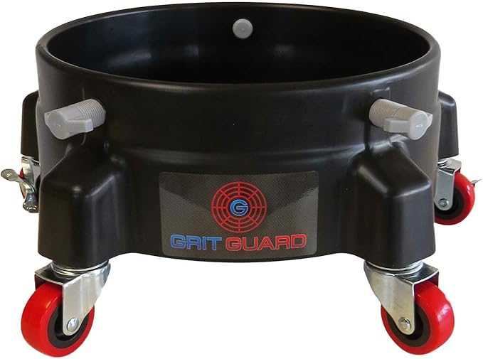 GRIT GUARD Bucket Dolly with Wheels - Rolling Detailing Wash Bucket with 5 Wheels and 2 Locking Casters Compatible with 2.5, 4, 5 and 6 Gallon Buckets (Black, 2" Red Casters) - Made in the USA