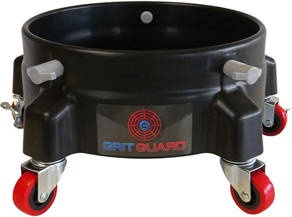 GRIT GUARD Bucket Dolly with Wheels - Rolling Detailing Wash Bucket with 5 Wheels and 2 Locking Casters Compatible with 2.5, 4, 5 and 6 Gallon Buckets (Black, 2" Red Casters) - Made in the USA