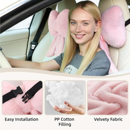 Sexysamba 2 Pcs Plush Bow Car Headrest Neck Pillow Cute Bow Pillow for Car Seat Décor Soft Neck Support for Comfortable Driving Traveling Office Fluffy Head Rest Cushion, Pink