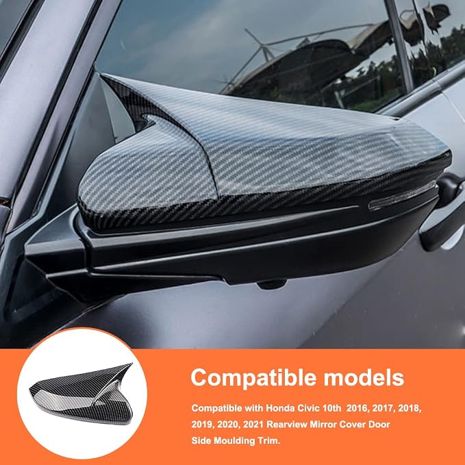ABS Door Side Mirror Trim Cover Compatible with Honda Civic 2016-2021 10th Generation Sedan Coupe Hatchback Mirror Bullhorn Style Side Mirror Protectors (Carbon Fiberk 2 PCS)