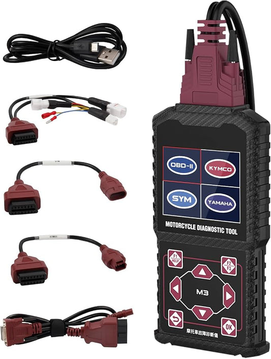 M3‑B Motorcycle Diagnostic Tool for KYMCO 3P, SYM 3P, Yamaha 2/3/4P – Read/Clear Fault Codes & Live Data, ECU/Service/Throttle Reset, ABS Bleed, OBD2 Scanner