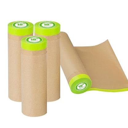 Tangibay Pre-Taped Masking Paper for Painting - 18 inch x 50 feet Tape and Drape Painters Paper, Paint Adhesive Protective Paper Roll for Covering Skirting, Frames, Cars and Auto Body (4 Rolls)
