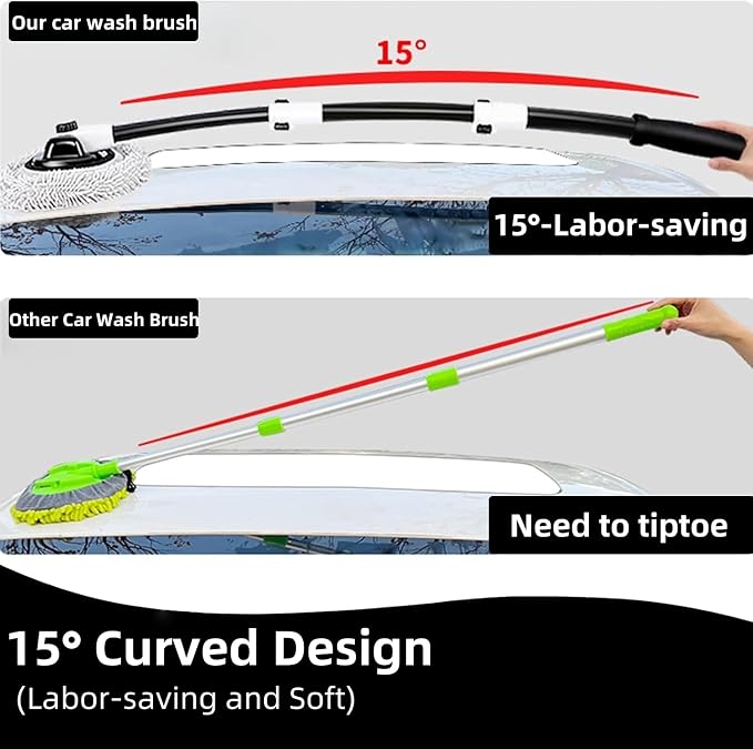 WillingHeart 15° Curved Car Wash Brush with Long Handle 43" Microfiber Cleaning Mop Telescopic Extension Pole for Caravan RV Truck Auto SUV Wheel Boat Exterior 2 in1 Carwash Duster Scratch Free, White