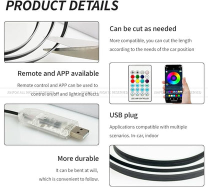 Ambient Lighting Car Led Lights Interior with APP, USB Powered Acrylic Neon Flexible Strip Fiber Optic LED Ambient Lighting kit,4 in 1 Car Center Console Dashboard RGB Sound Active Music Lights Sync