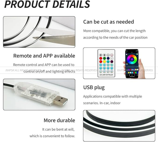 Ambient Lighting Car Led Lights Interior with APP, USB Powered Acrylic Neon Flexible Strip Fiber Optic LED Ambient Lighting kit,4 in 1 Car Center Console Dashboard RGB Sound Active Music Lights Sync