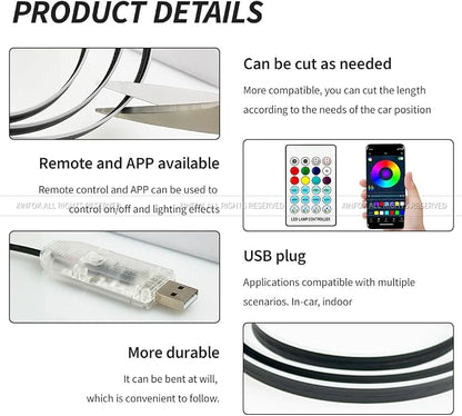 Ambient Lighting Car Led Lights Interior,43.3’’ USB Powered Acrylic Neon Flexible Strip Fiber Optic LED Ambient Lighting Kits with Remote APP, RGB Music Lights Sync for Inside car Dashboard