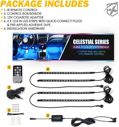 Xprite RGB LED Car Interior Bluetooth Light Strips w/Remote & Control Box, Silicone Sealed, Under Dash Footwell Lights Kit w/Cigarette Adapter for Vehicle Internal SUV Truck - 4 PCS