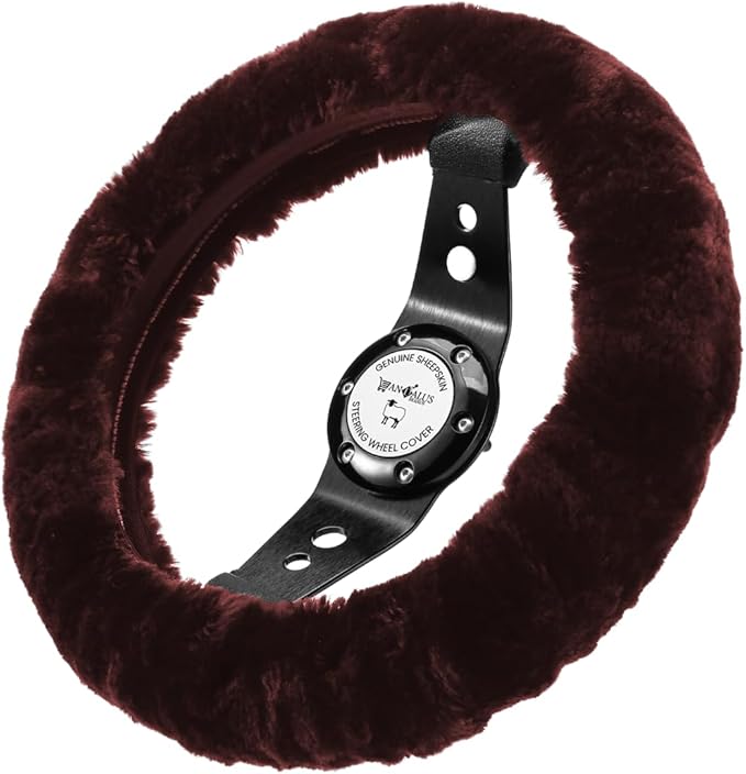Andalus Brands Luxury Fluffy Car Steering Wheel Covers – Genuine Merino Sheepskin, Soft Fuzzy Car Steering Wheel Cover for Women, Universal 14.5-15" Size, Plush Fur Cute Auto Accessories, Saddle Brown
