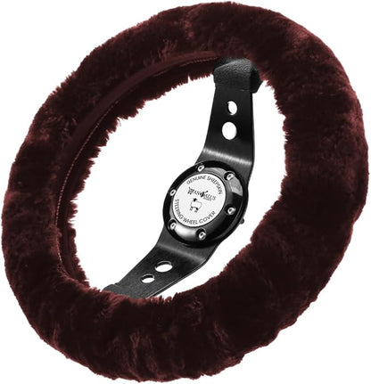 Andalus Brands Luxury Fluffy Car Steering Wheel Covers – Genuine Merino Sheepskin, Soft Fuzzy Car Steering Wheel Cover for Women, Universal 14.5-15" Size, Plush Fur Cute Auto Accessories, Saddle Brown