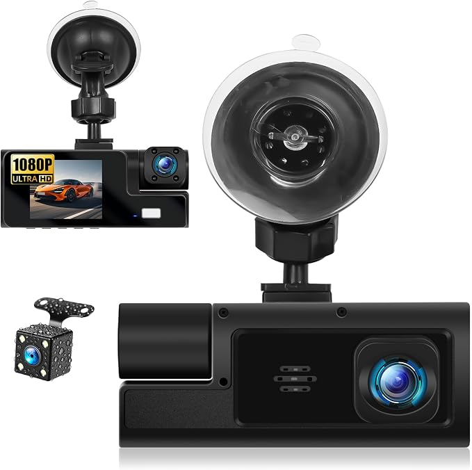 3 Channel Dash Cam Front and Rear Inside, 2.0'' 1080P Dash Camera for Cars, Dash cam Three Way Triple Car Camera with Super Night Vision,Wide Angle,Loop Recording, G-Sensor, 24 Hours Recording