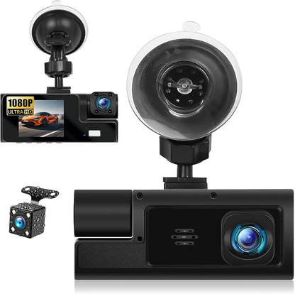 3 Channel Dash Cam Front and Rear Inside, 2.0'' 1080P Dash Camera for Cars, Dash cam Three Way Triple Car Camera with Super Night Vision,Wide Angle,Loop Recording, G-Sensor, 24 Hours Recording