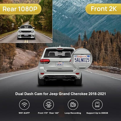 Fitcamx Front 2K+Rear 1080P Dash Cam Adapts for Jeep Grand Cherokee 2018-2021 & SRT (HD2-D7600), OEM Style, Dual HD Video, Built-in WiFi & APP, Loop Recording, G-Sensor, Easy to Operate, 64GB Card