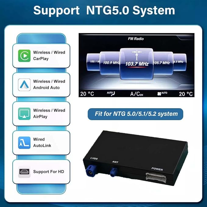 Wireless Carplay Adapter for Mercedes Benz A B CLA GLA C E ML GL GLK SLK (2011-2015) with NTG 4.5/4.7 System Support Android Auto Bluetooth, USB, Mirroring, Camera, Voice Control