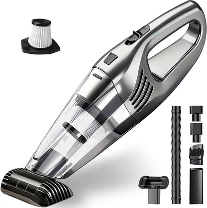 Car Vacuum Portable Cordless – 12000PA Strong Suction, Lightweight & Rechargeable – Includes Multi-Nozzle Attachments for Car, Home, Office, and Pet Hair – Compact & Powerful Grey Vacuum