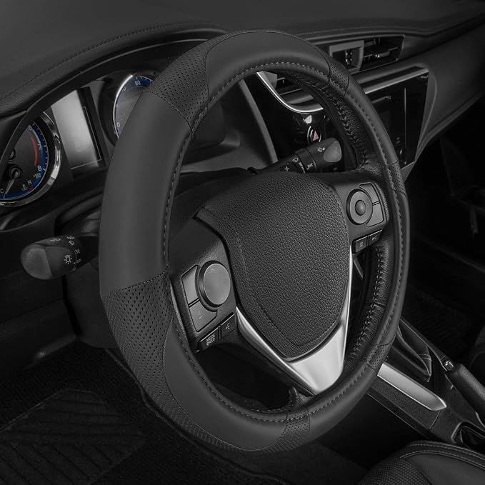 Motor Trend Perforated Microfiber Leather Steering Wheel Cover for Cars Trucks SUVs Vans, Sporty Racing Improved Grip Anti-Fatigue Ergonomic Design, Airbag Compatible - Fits Standard 15" Inch - Black