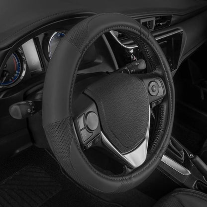 Motor Trend Perforated Microfiber Leather Steering Wheel Cover for Cars Trucks SUVs Vans, Sporty Racing Improved Grip Anti-Fatigue Ergonomic Design, Airbag Compatible - Fits Standard 15" Inch - Black