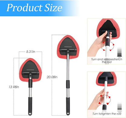 Windshield Cleaning Tool, Car Window Cleaner with Extendable Long Handle and 4 Washable Reusable Microfiber Pads, Auto Interior Exterior Glass Wiper Cleaning Kit Universal for Office and Home (Red)