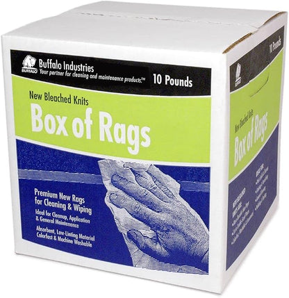 Buffalo Industries (12023) New White Bleached Knit Rags, 10 lb. box - All-Purpose Wiping, Cleaning, Polishing, Medium-Weight T-shirt Material, Washed and Bleached for Super Absorbency and Low-Linting