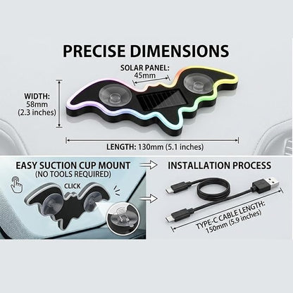 Solar Powered Bat LED Car Light, Wireless RGB Visor Atmosphere Lamp | 100% solar powered bat-shaped LED car lamp. Wireless RGB ambient light with dual smart motion light sensors & suction cup.