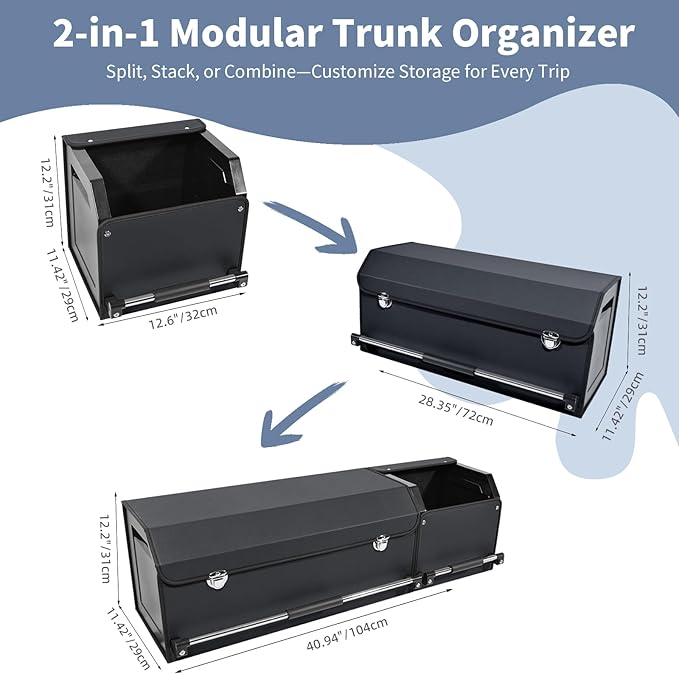Car Trunk Organizer, Leather Trunk Organizer for SUV with Lid and Sturdy Handle Collapsible Adjustable Storage (Black, 41 x 11.4 x 12.2in)