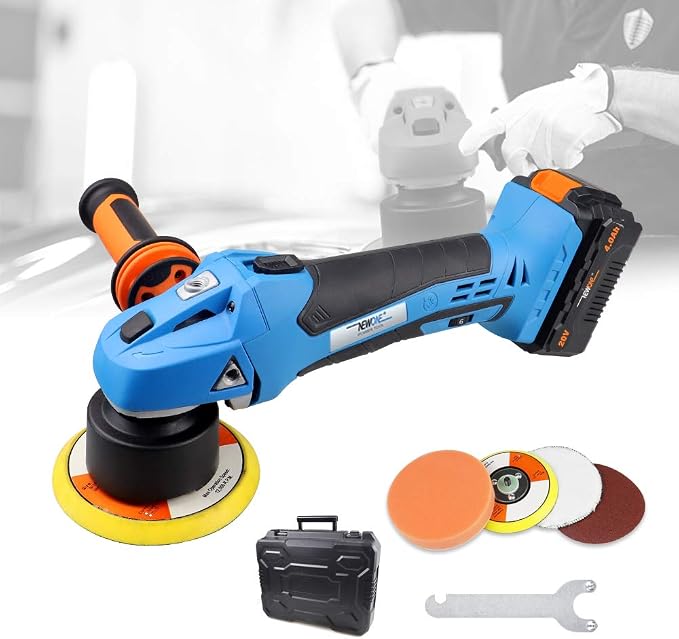 NEWONE 20V Cordless Round Orbital Polisher, Dual Action Buffer, 5-Inch, 6 Variable Speeds, Anti-vibration Handle, Car Sanding Polishing Waxing, 4.0Ah Battery and Fast Charger